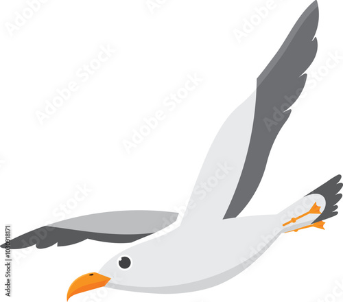 Cartoon seagull flying with spread wings, isolated vector illustration. Minimalist drawing of a seagull soaring, side view