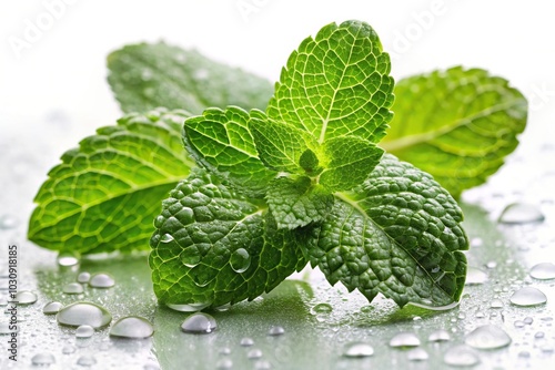 Fresh mint leaves and water drops in the air, isolated on white background