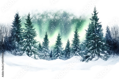 Enchanted winter forest under northern lights in serene snowy scene