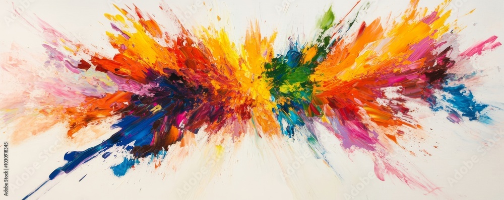 Vibrant colors explode in abstract art against white. Brushstrokes and splatters create energy and joy. Modern piece adds creativity to any wall Vibrant colors explode in abstract art against white. Brushstrokes and splatters create energy and joy. Modern piece adds creativity to any wall