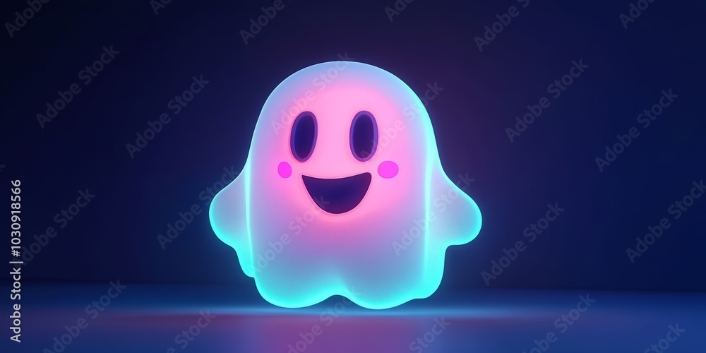 Adorable Neon Glowing Cartoon Ghost with Happy Expression in Dark Room Adorable Neon Glowing Cartoon Ghost with Happy Expression in Dark Room