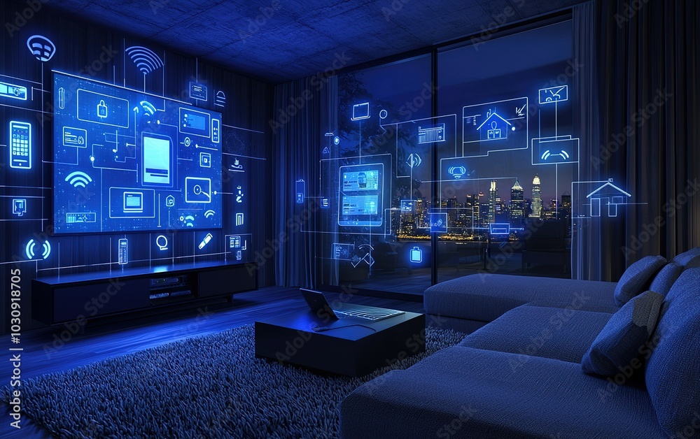 Modern living room with smart technology projections in a city skyline at night Modern living room with smart technology projections in a city skyline at night