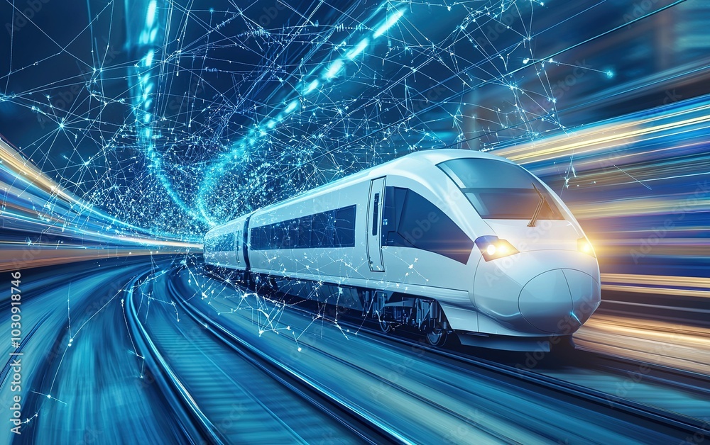High-speed train traveling through a futuristic urban tunnel with glowing lights and data connections at night High-speed train traveling through a futuristic urban tunnel with glowing lights and data connections at night