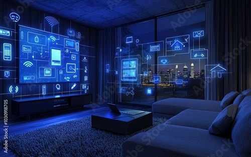 Modern living room with smart technology projections in a city skyline at night