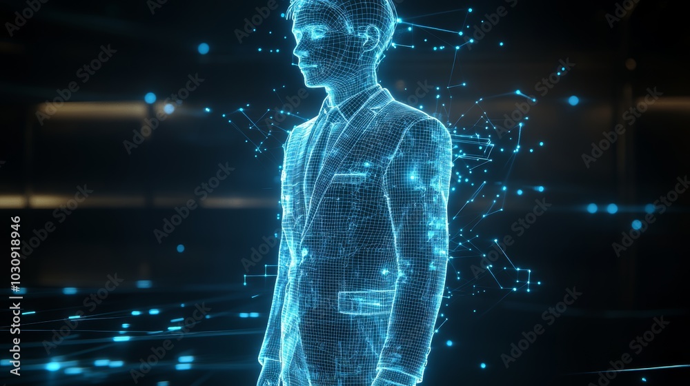 A hologram of an AI avatar wearing business attire with a glowing blue light effect around it. The character is rendered in a detailed wireframe A hologram of an AI avatar wearing business attire with a glowing blue light effect around it. The character is rendered in a detailed wireframe