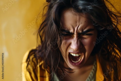 Angry young adult Latin American woman yelling on color background. Hispanic female shouting aggressively with annoyed, frustrated, angry look, feeling furious