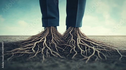 Conceptual image of stress: worker stuck in place as roots grow from their feet photo