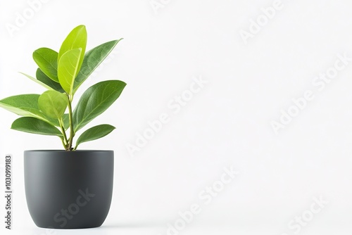 Green plant in black pot on white background