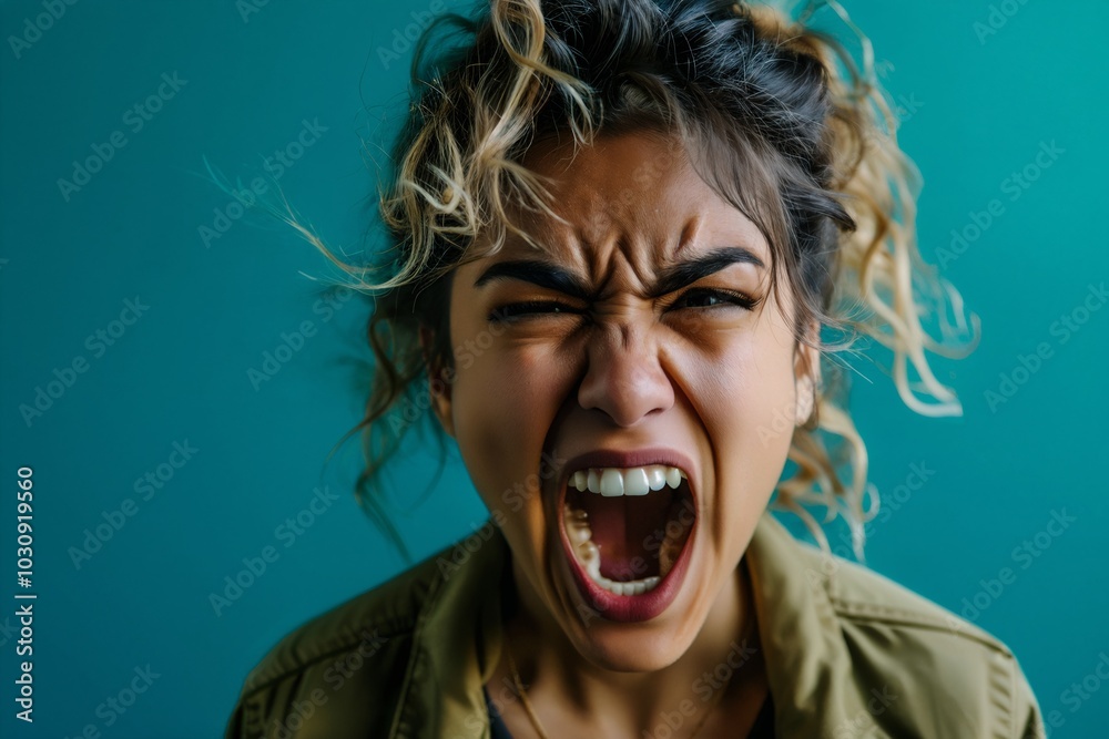 Angry young adult Latin American woman yelling on color background. Hispanic female shouting aggressively with annoyed, frustrated, angry look, feeling furious Angry young adult Latin American woman yelling on color background. Hispanic female shouting aggressively with annoyed, frustrated, angry look, feeling furious