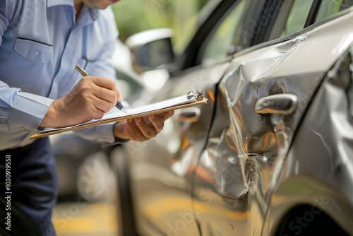 Wallpaper Mural photo of an insurance agent examining a car after an accident, writing on a clipboard. Torontodigital.ca