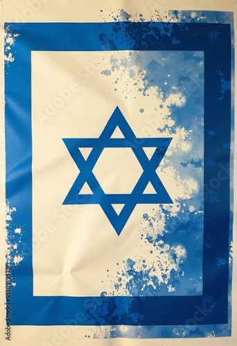 A blue and white poster with a star of David on it