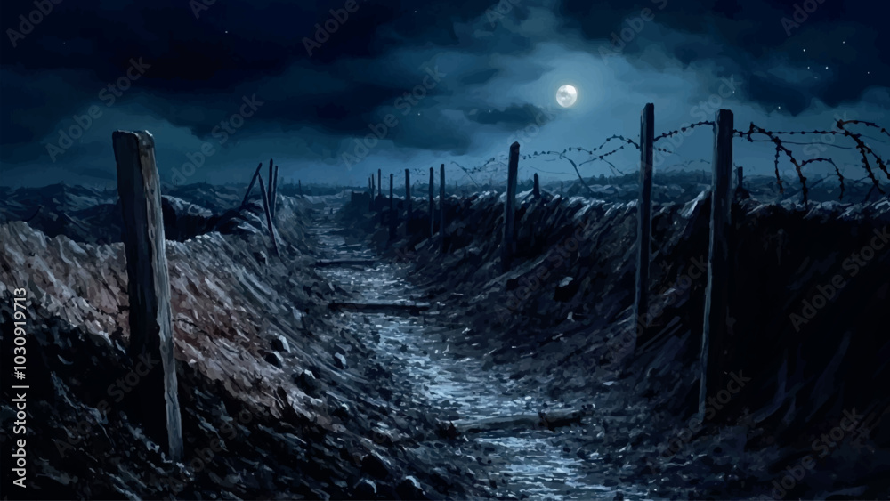 Line of Trenches on Front of First World War Night Landscape Watercolor Background Illustration Featuring Historical Setting War Scene Dark Skies and Somber Atmosphere Line of Trenches on Front of First World War Night Landscape Watercolor Background Illustration Featuring Historical Setting War Scene Dark Skies and Somber Atmosphere