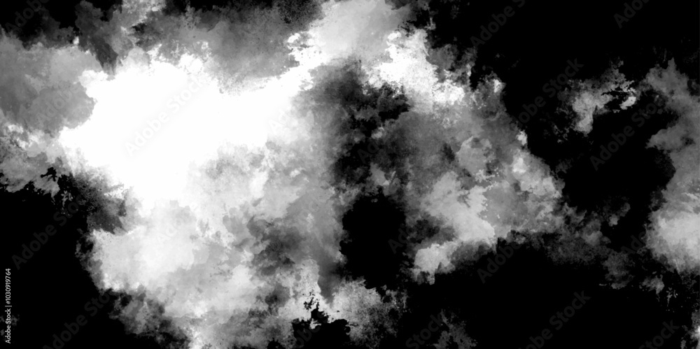 Obraz premium Abstract freeze motion of black dust explosion on white background. Abstract design with white paper texture background . Black and white ink effect water color illustration. Gray aquarelle painted
