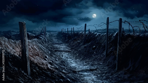Line of Trenches on Front of First World War Night Landscape Watercolor Background Illustration Featuring Historical Setting War Scene Dark Skies and Somber Atmosphere
