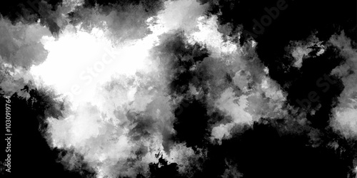 Abstract freeze motion of black dust explosion on white background. Abstract design with white paper texture background . Black and white ink effect water color illustration. Gray aquarelle painted