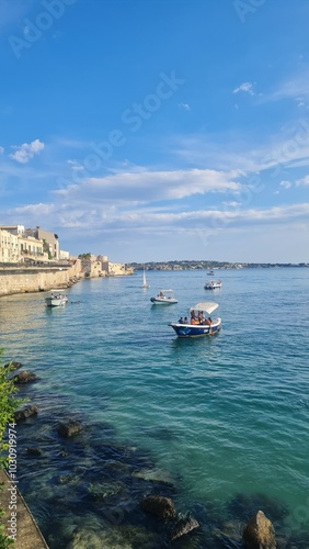 Seaside and architecture in Ortigia, Sicily. Art and nature in Italy. 