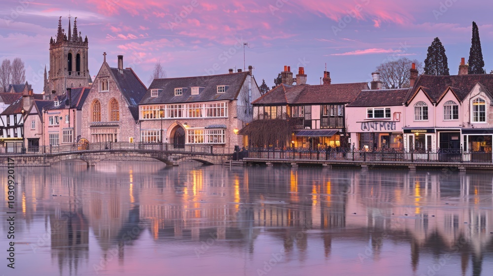 Fototapeta premium Historic Buildings Reflected in Still Water at Sunset