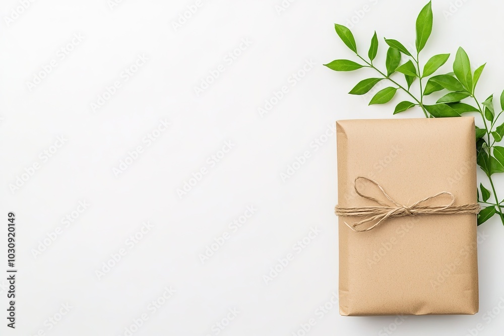 Craft paper wrapped gift with green leaves on white Craft paper wrapped gift with green leaves on white