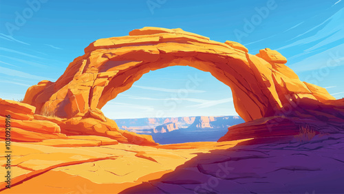 Mesa Arch Incredible View Cartoon Vector Illustration Featuring Majestic Landscape Scenic Overlook Vibrant Colors Natural Rock Formation and Stunning Horizon