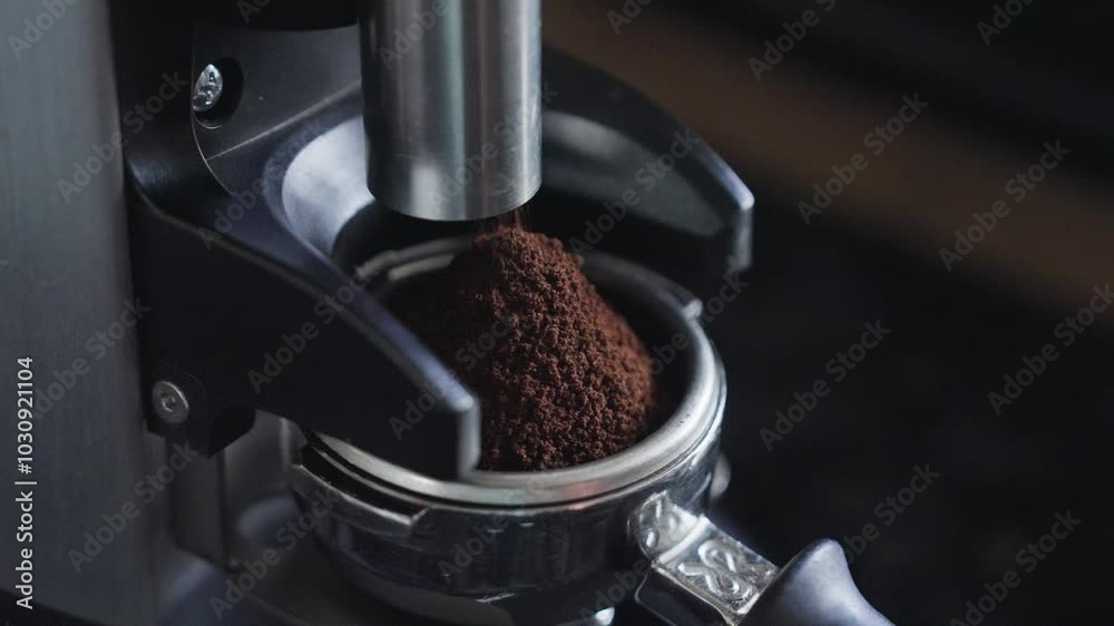 Closeup of a coffee powder in a portafilter in a coffe machine