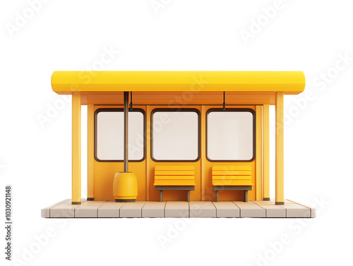 Colorful yellow bus stop with seating, isolated on white background. Transparent background.