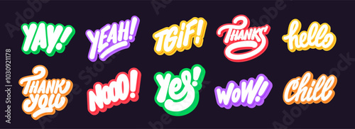 Set of fun colorful typography stickers. 