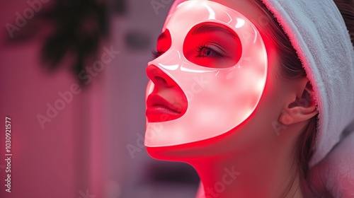 Woman in Glowing red light therapy mask for radiant skin treatment photo