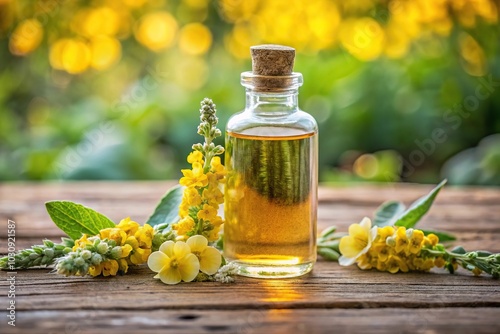 Herbal tincture bottle with fresh blooming mullein close-up