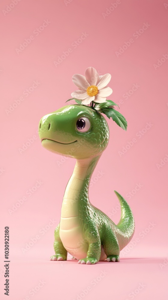 Fototapeta premium Adorable green dinosaur with a flower on its head poses happily against a pink background, adding a playful touch with its whimsical character