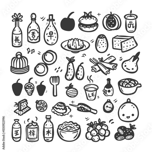 Hand Drawn Black and White Doodle Illustration of Japanese Cuisine and Ingredients