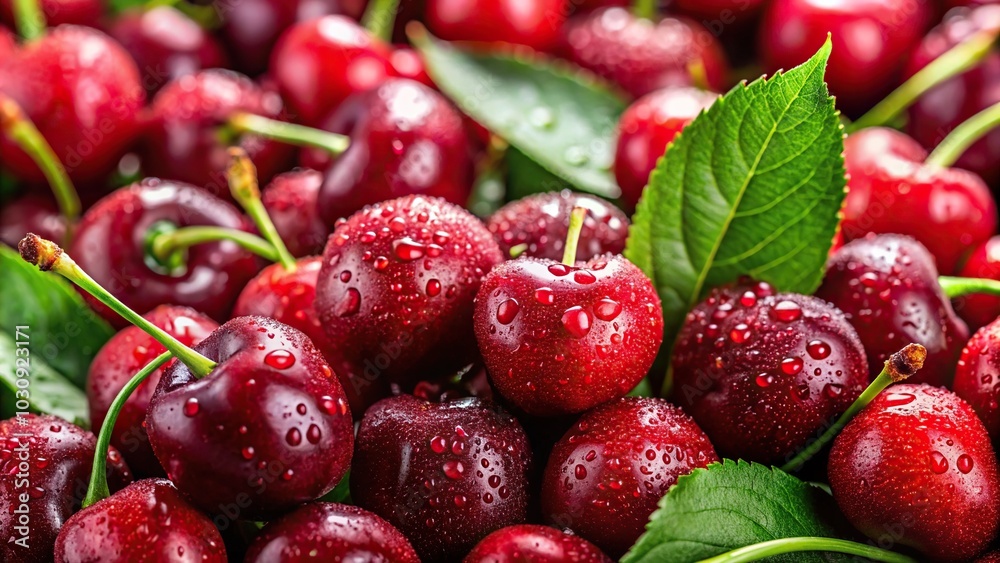 High angle seamless background of ripe red cherries with green leaves and visible water droplets High angle seamless background of ripe red cherries with green leaves and visible water droplets