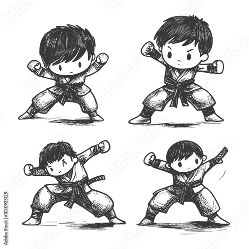 Four Sketchy Drawings of Young Boys in Karate Stances
