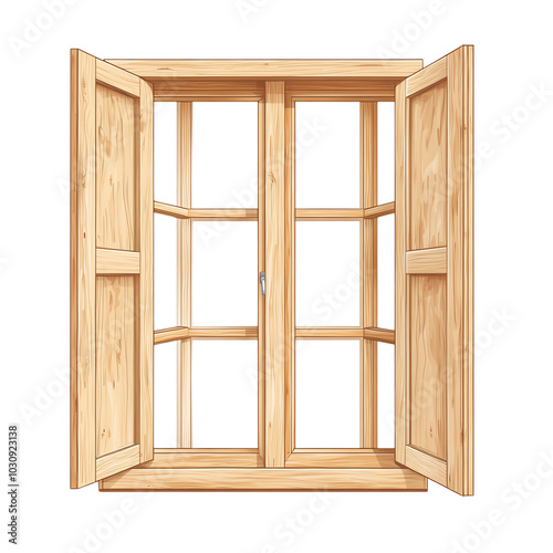 Open wooden window with shutters, detailed design, isolated on white background. Transparent background.