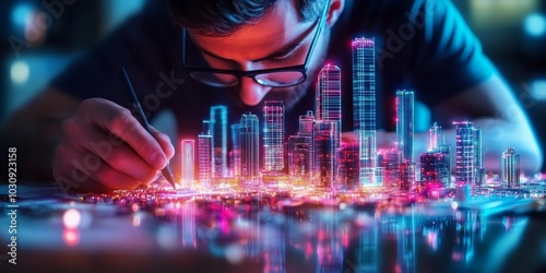 Man designing futuristic city model with neon lights, focusing on architecture and technology, representing innovation and modern urban planning.