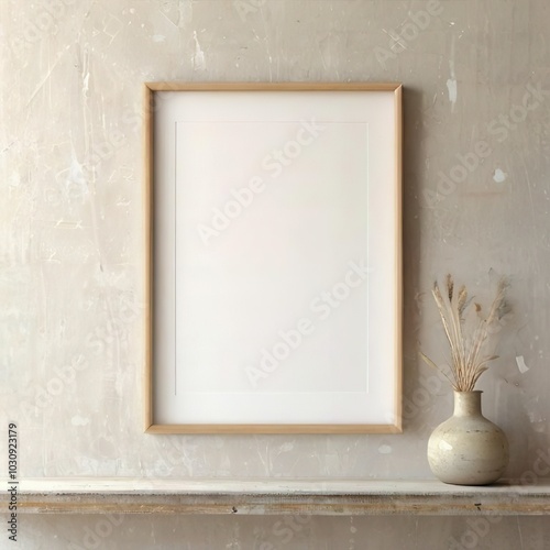 Minimalist frame mockup in natural settings, wooden textures, soft lighting, and simple decor. Ideal for artwork, photography, prints, modern environment with a cozy, rustic vibe