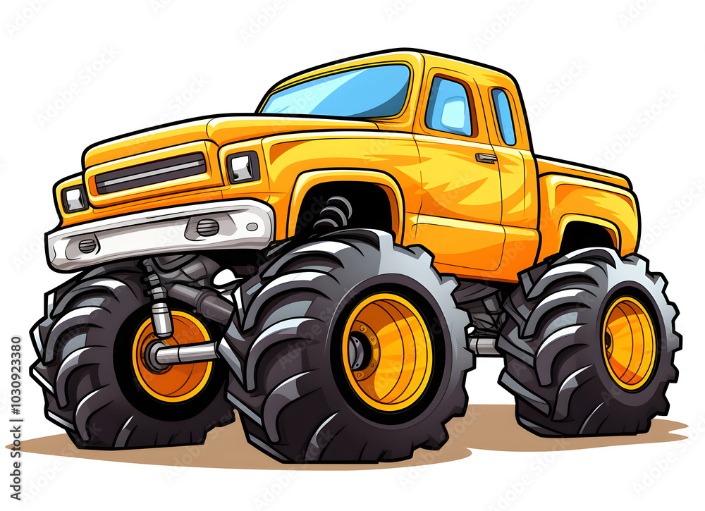 Gelber Cartoon-Monstertruck mit übergroßen Reifen (KI generiert) Gelber Cartoon-Monstertruck mit übergroßen Reifen (KI generiert)