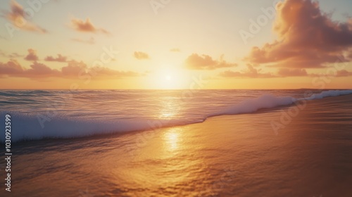 Closeup sea sand beach. Panoramic beach landscape. Inspire tropical beach seascape horizon. Orange and golden sunset sky calmness tranquil relaxing sunlight summer mood. Vacation travel holiday banne