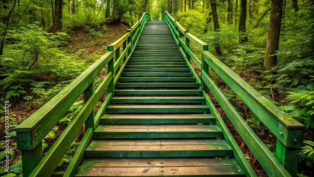 Fototapeta premium Long descending shallow stair into forest path, green wooden stairway