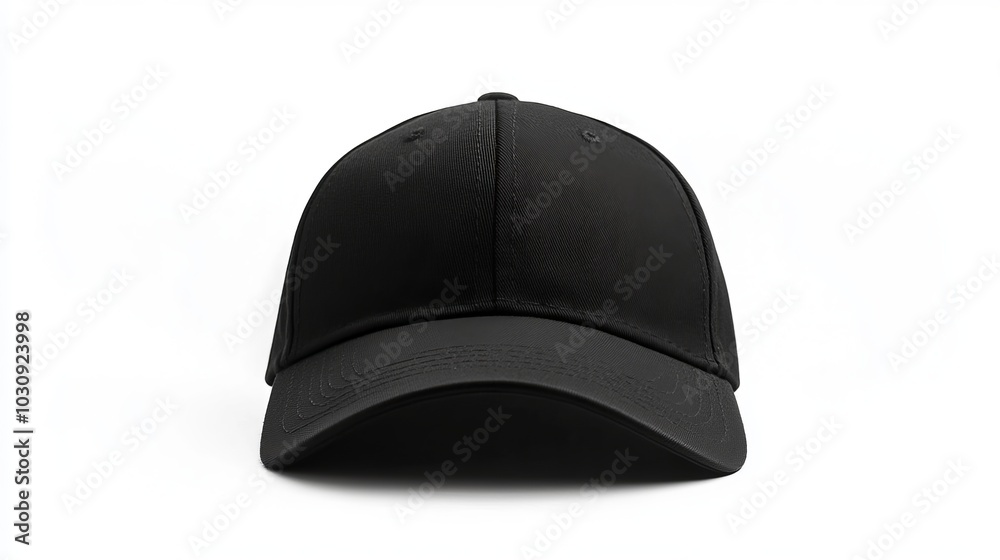 Fototapeta premium Black baseball cap is lying on a white background, providing ample space for designs or text. The simple and classic design of the cap makes it ideal for showcasing your brand or message