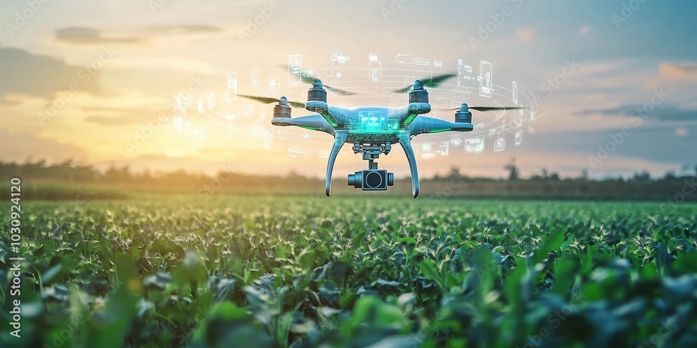 Smart farming with drone technology. Drone with holographic interface hovering over a field of crops, data for precision agriculture. Concept of advanced agricultural innovation and efficiency