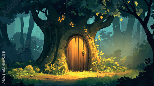 Mysterious Magical Door in Trunk of Old Oak Tree Against Backdrop Dense Shady Forest Cartoon Background Illustration Featuring Enchanted Scene Lush Foliage and Whimsical