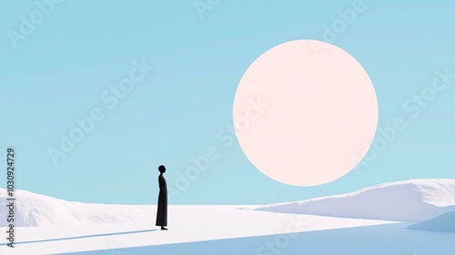 Serene Minimalist Landscape with Large Sun and Solitary Figure