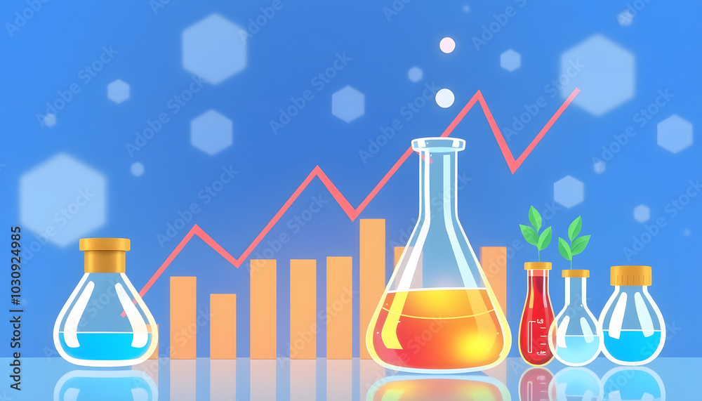 index number of stock market and flask medical science lab equipment health science business blue banner background isolated with white highlights, png index number of stock market and flask medical science lab equipment health science business blue banner background isolated with white highlights, png