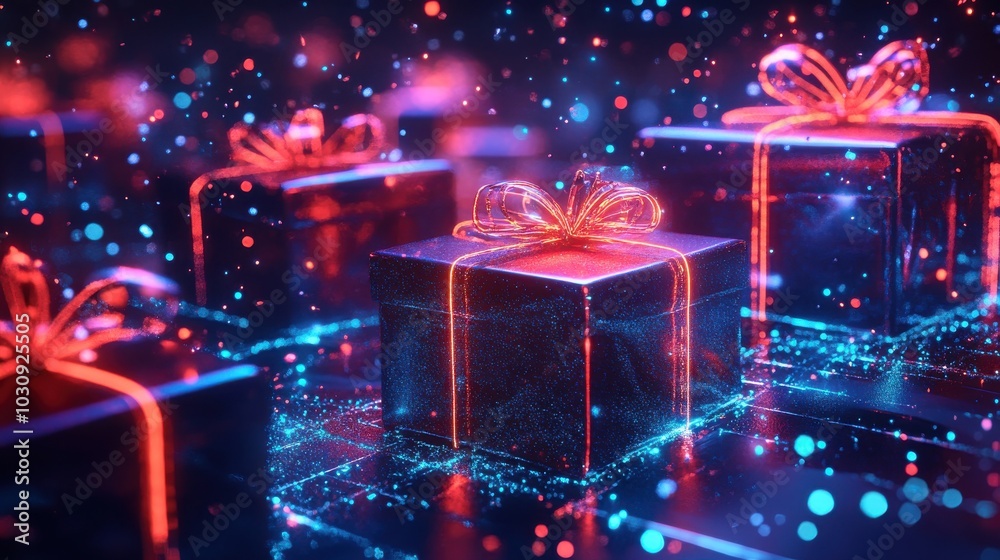 Futuristic neon gift boxes with glowing particles, cyberpunk-style digital art