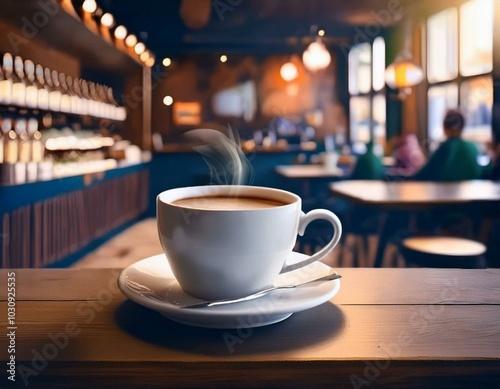 Una taza de café caliente sobre una mesa en una cafeteria de ambiente cálido photo