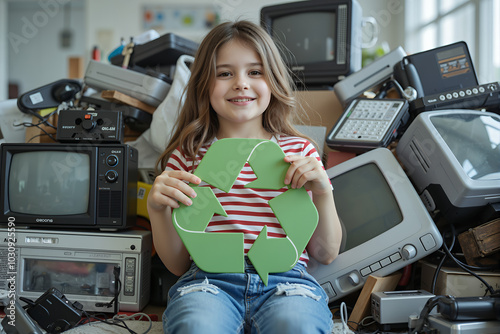 A girl child sits on top of a pile of old, discarded electronic devices and appliances, holding up a green recycling symbol
