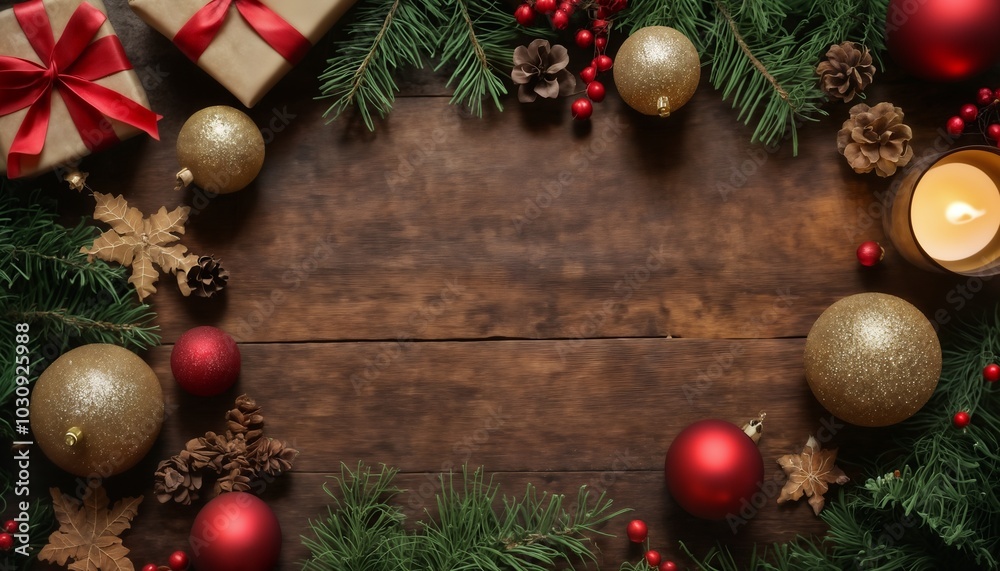 Christmas decorations and gifts as frame, top view with blank space, background for new year celebrations, winter fairy tale Christmas decorations and gifts as frame, top view with blank space, background for new year celebrations, winter fairy tale