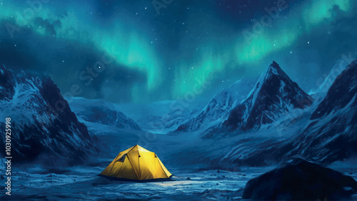 Night Landscape with Yellow Tourist Tent in Mountain Valley and Northern Lights Acrylic Painting on Canvas Scenic View of Aurora Borealis over Mountains and Camping Scene