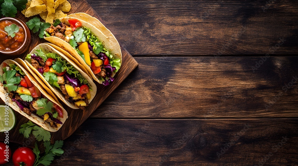 Fototapeta premium Maxican tacos,Fresh chicken Taco barbecue taco on wooden table background.generative ai