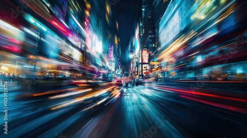 A city street at night, captured with a blur lights and movement